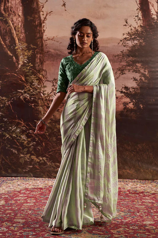 Fancy Sober Colours Velvet Chiffon Saree With Latkan & Embrodiery Blouse