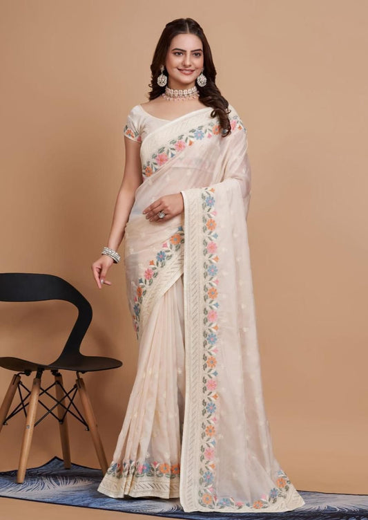 Beautiful  Soft Taby Silk Organza Saree With C-Pallu & All Over Embroidery Work