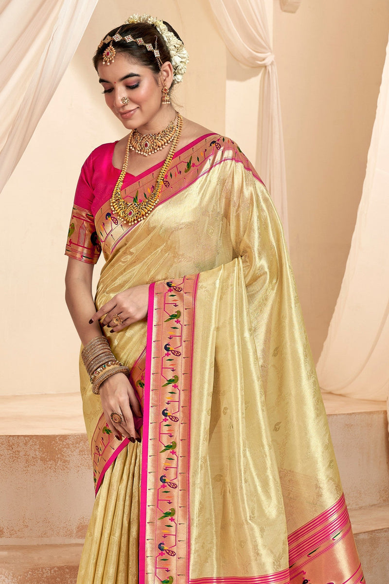 Cream Woven Paithani Saree