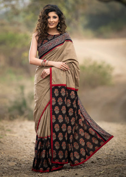 Beige Color Kalamkari Printed Pure Linen Saree