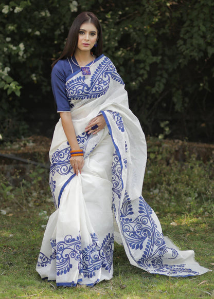 White Color Kalamkari Printed Pure Linen Saree