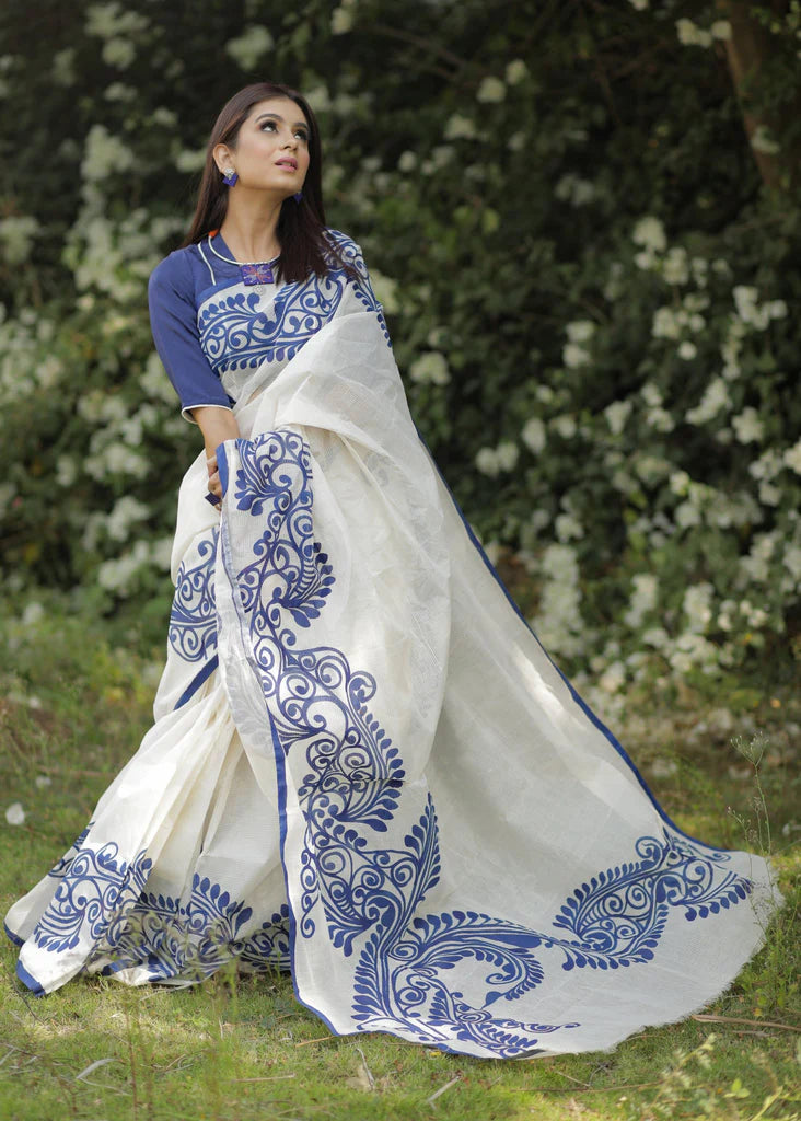 White Color Kalamkari Printed Pure Linen Saree