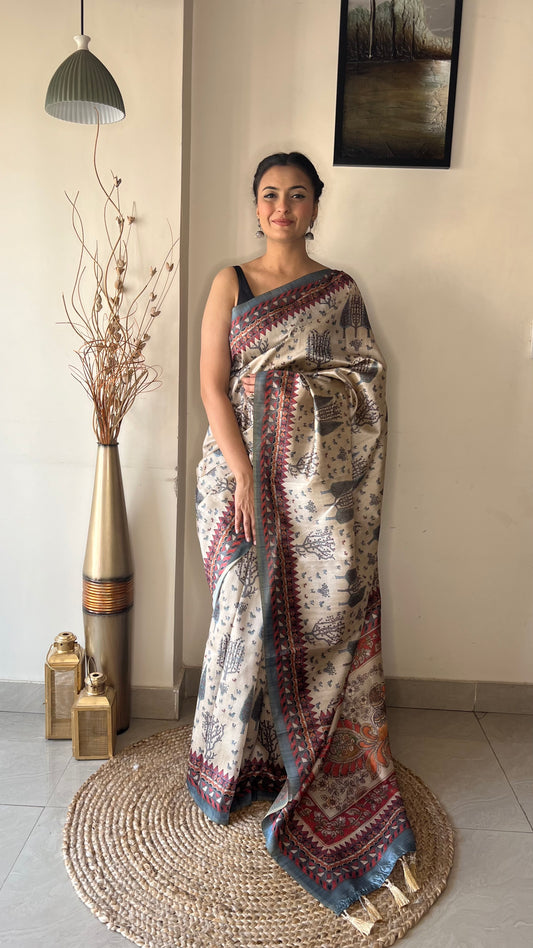 Soft Silk Saree With Tribal and Kalamkari Fusion Print.