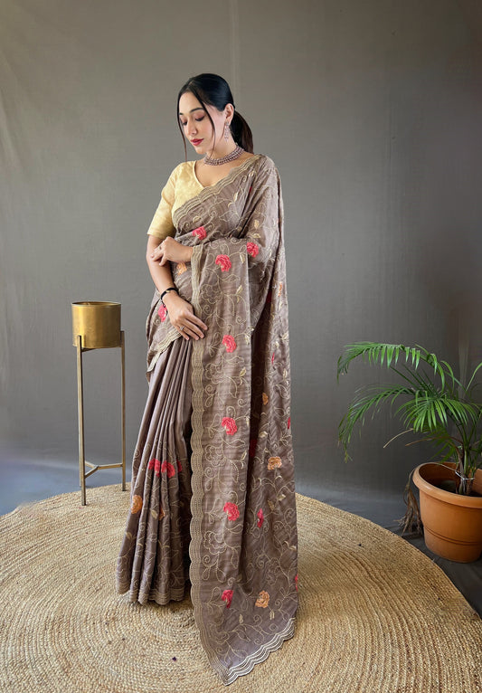 Leela Pure Tussar Silk Sarees with Embroidery Jaal, Floral Design, and Cutwork on the Border