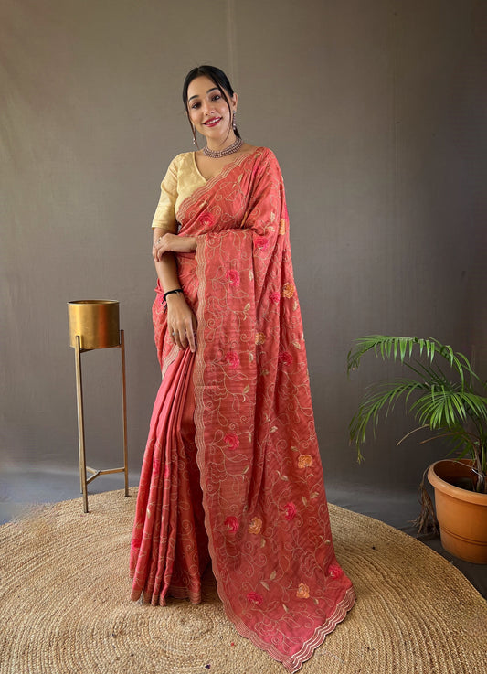 Leela Pure Tussar Silk Sarees with Embroidery Jaal, Floral Design, and Cutwork on the Border