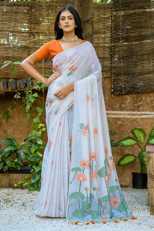 Off White-Orange Muga Lotus Cotton Saree With Thread Woven Pallu