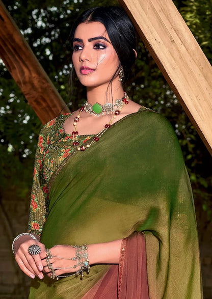 Woodland Green and Brown Chiffon Saree With Printed Blouse
