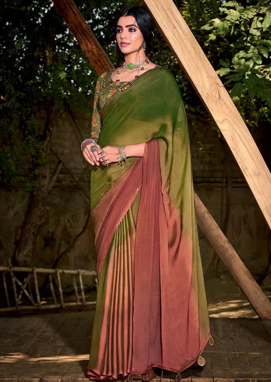Woodland Green and Brown Chiffon Saree With Printed Blouse