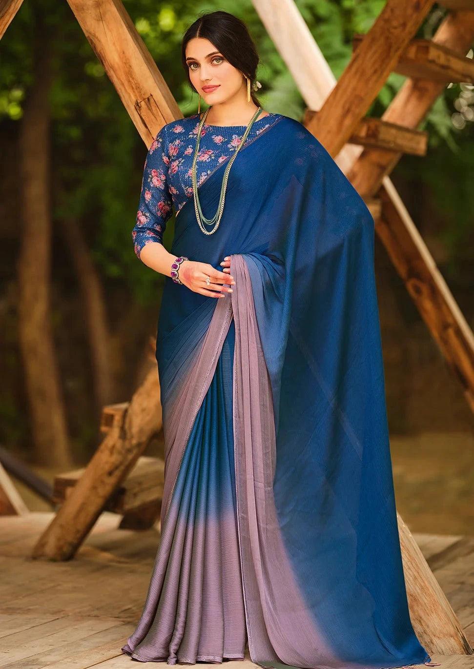 Lynch Blue and Purple Chiffon Saree With Printed Blouse
