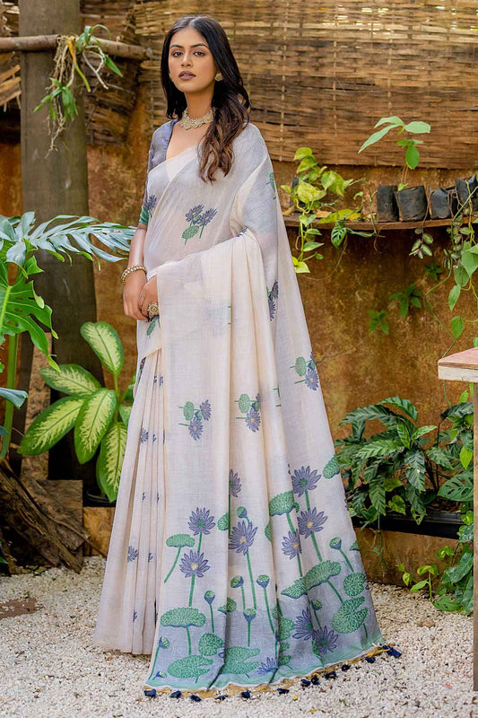 Off White-Navy Blue Muga Lotus Cotton Saree With Thread Woven Pallu