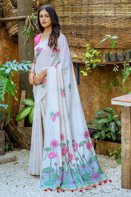 Off White-Pink Muga Lotus Cotton Saree With Thread Woven Pallu