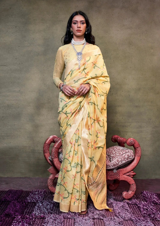 Yellow Floral Jamdani Spun Cotton Handwoven Saree