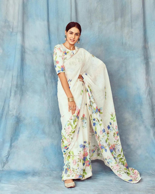 Classy White Foral Linen Saree - Mira Fashion