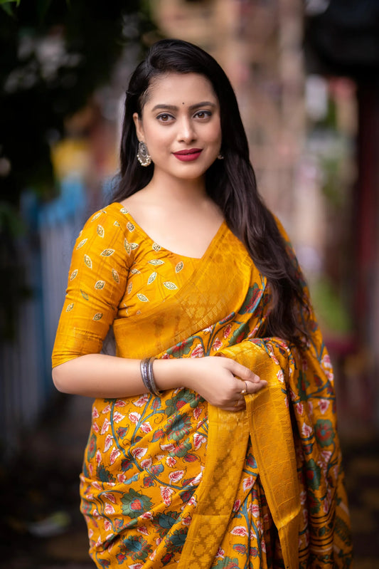 Soft Silk Kalamkari Printed Saree With Zari Border - Mira Fashion