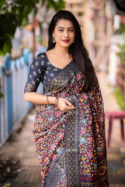 Soft Silk Kalamkari Printed Saree With Zari Border - Mira Fashion