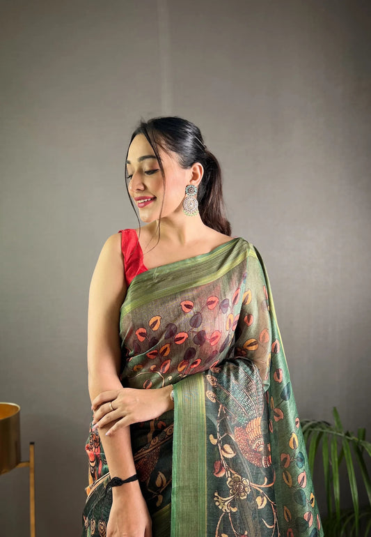 Soft Kashmiri Pashmina Silk Saree With Kalamkari Digital Print - Mira Fashion