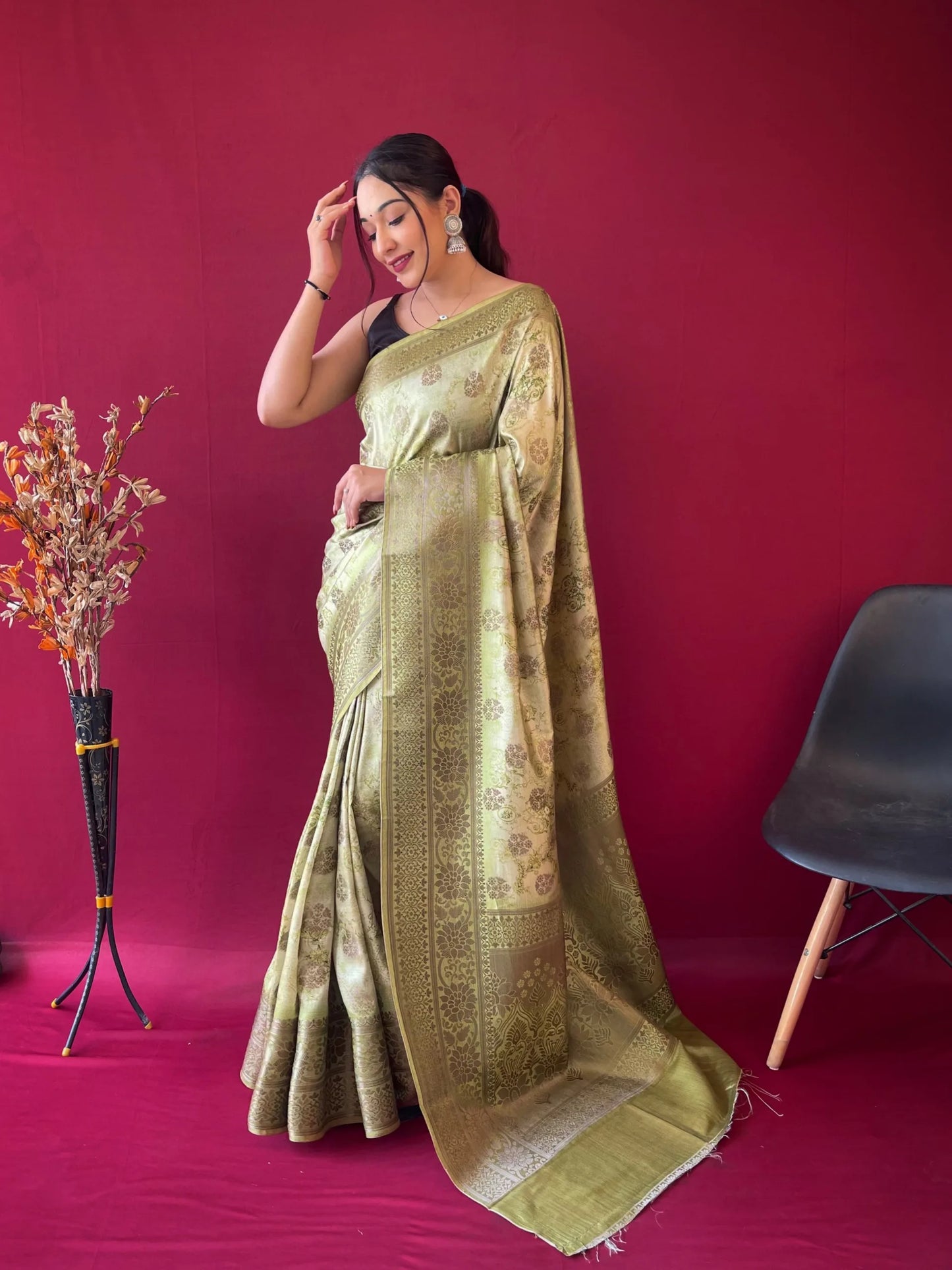 Floral Printed Zari Woven Banarasi Silk Saree - Light Green - Mira Fashion