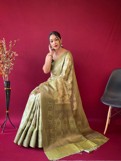 Floral Printed Zari Woven Banarasi Silk Saree - Light Green - Mira Fashion