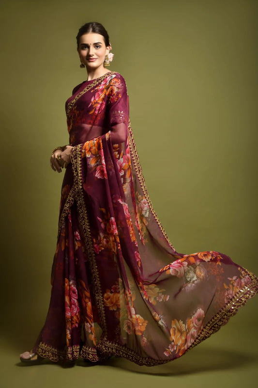 Wine Color Heavy Soft Chiffon With Beautiful Floral Print Saree - Mira Fashion