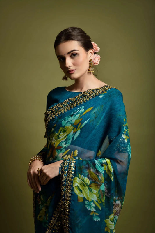 Teal Blue Heavy Soft Chiffon With Beautiful Floral Print Saree - Mira Fashion