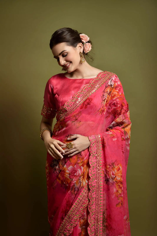Red Color Heavy Soft Chiffon With Beautiful Floral Print Saree - Mira Fashion