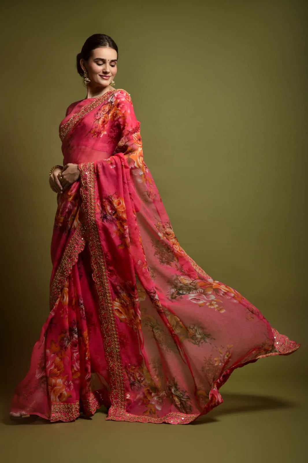 Red Color Heavy Soft Chiffon With Beautiful Floral Print Saree - Mira Fashion