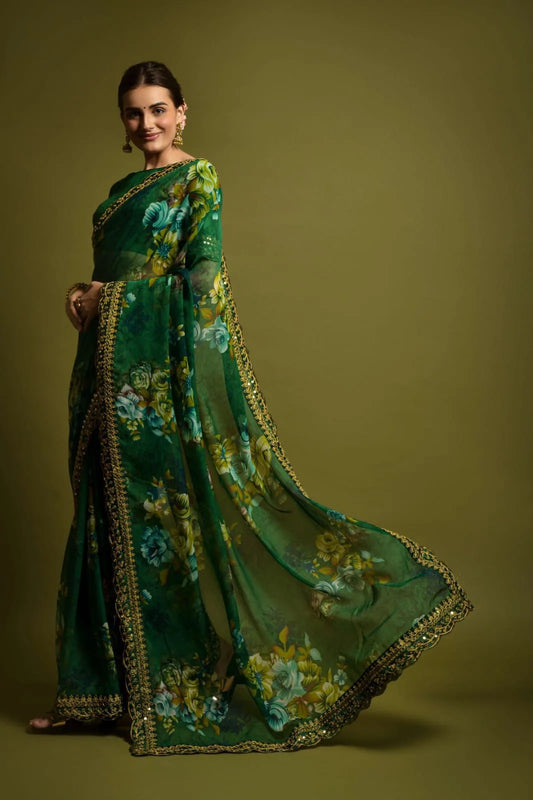 Green Color Heavy Soft Chiffon With Beautiful Floral Print Saree - Mira Fashion