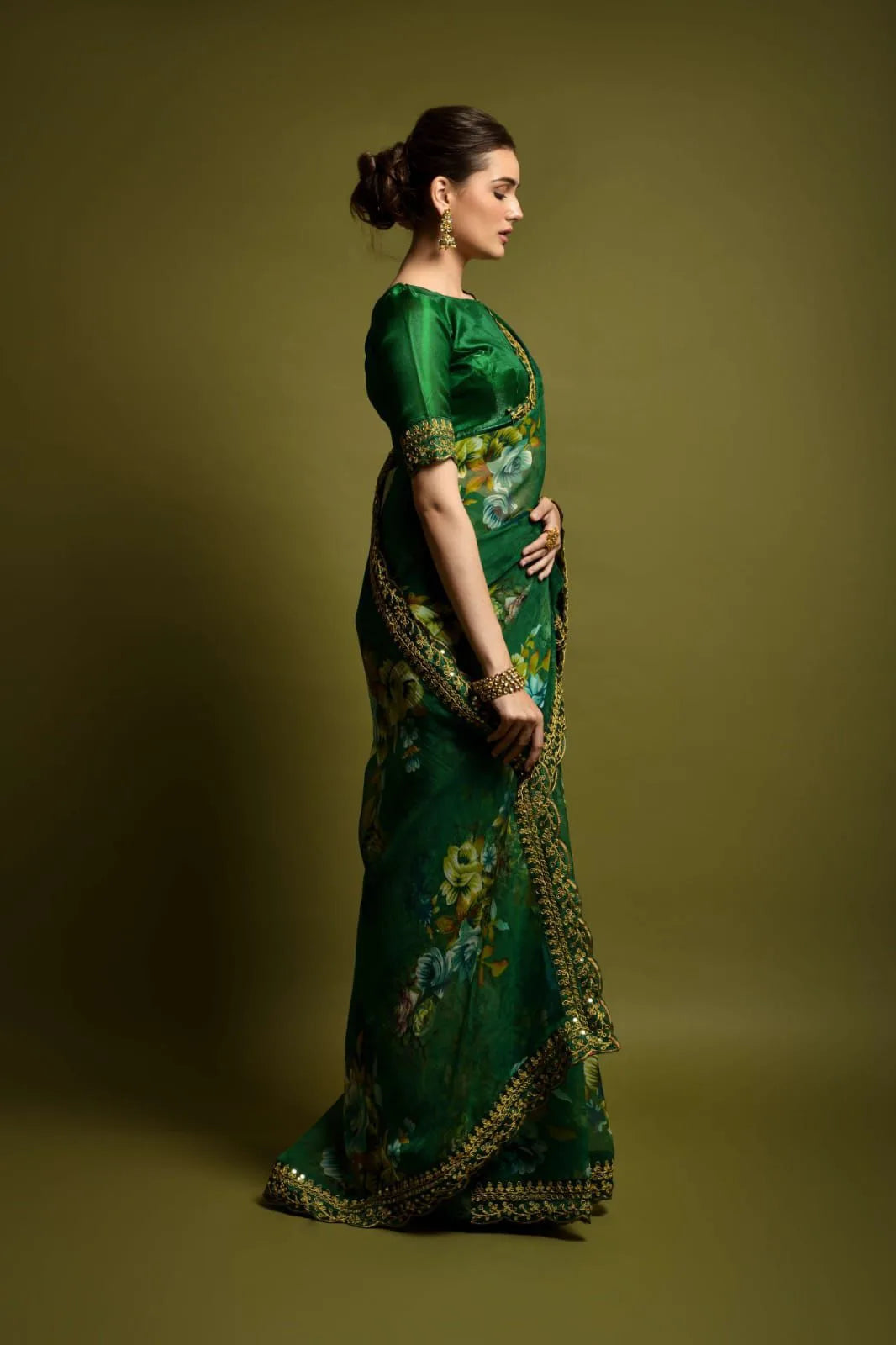 Green Color Heavy Soft Chiffon With Beautiful Floral Print Saree - Mira Fashion