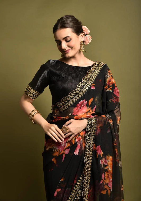 Back Color Heavy Soft Chiffon With Beautiful Floral Print Saree - Mira Fashion