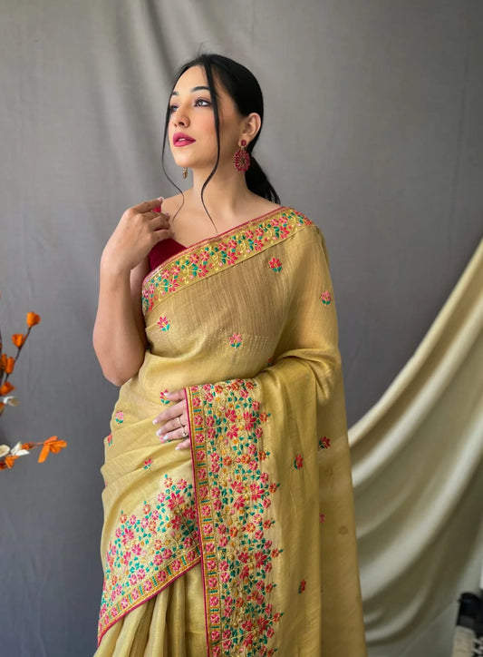 Embroidery Tussar Silk Saree With Kashmiri Work - Mira Fashion