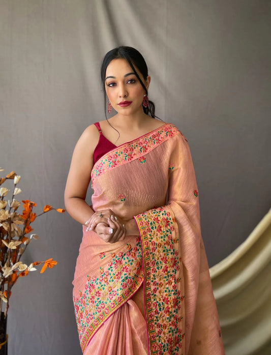 Embroidery Tussar Silk Saree With Kashmiri Work - Mira Fashion