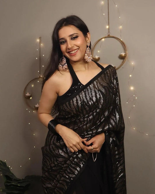Black Bollywood Sequence Georgette Saree - Mira Fashion