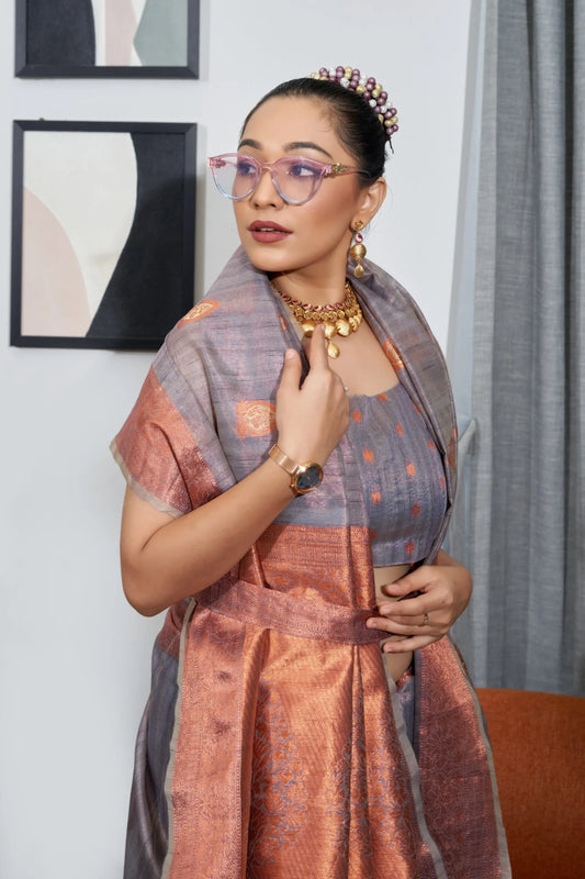 Pure Tissue Silk Saree With Copper Gold And Silver Zari Work - Mira Fashion