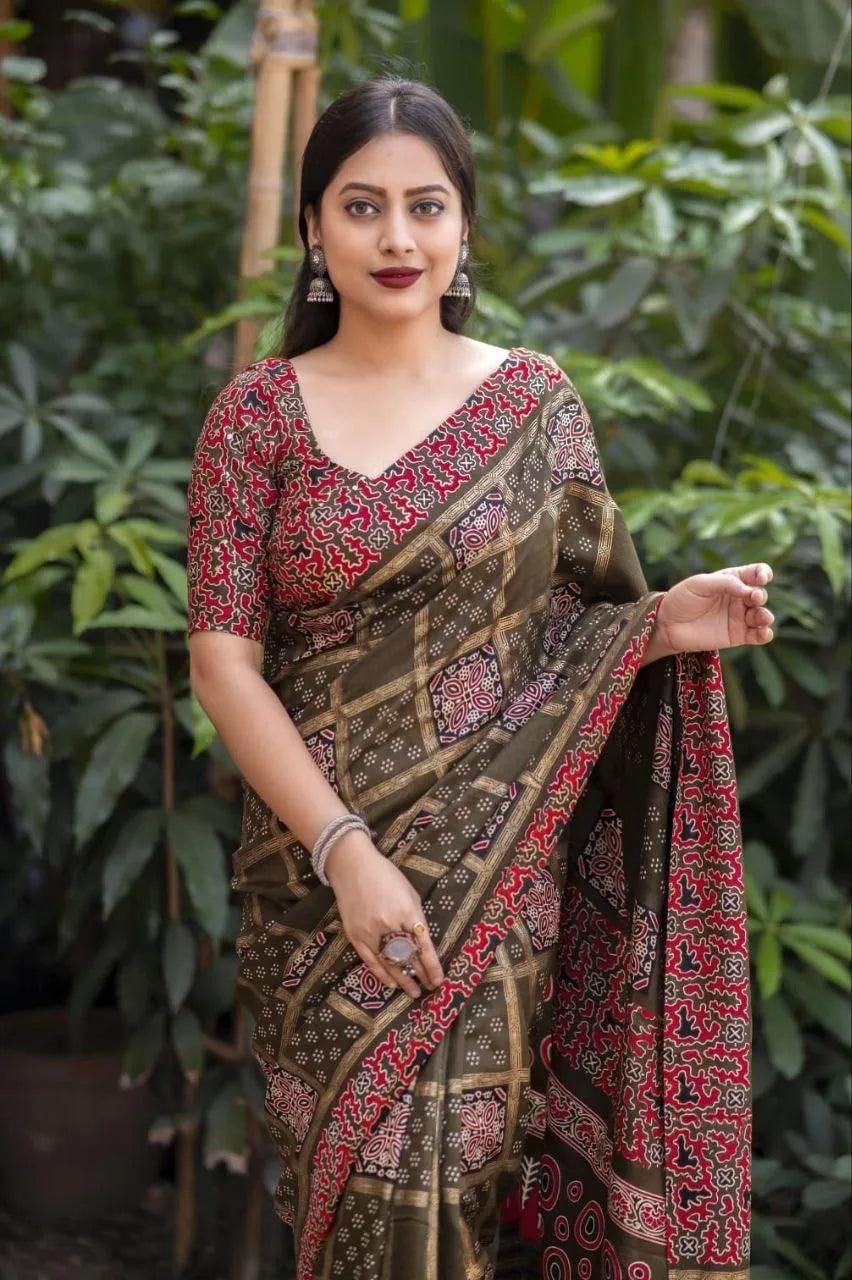 Ajrakh Style Soft Silk Saree With Foil Print - Mira Fashion