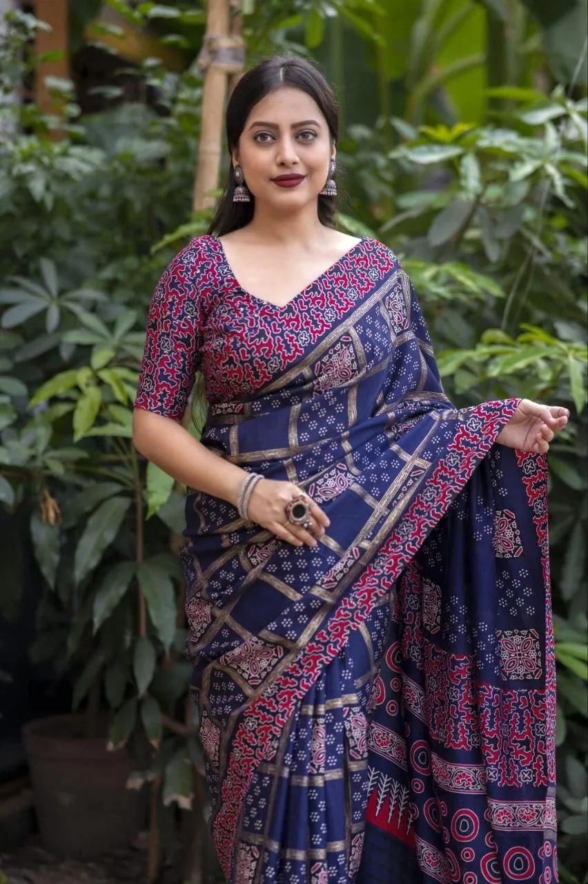 Ajrakh Style Soft Silk Saree With Foil Print - Mira Fashion