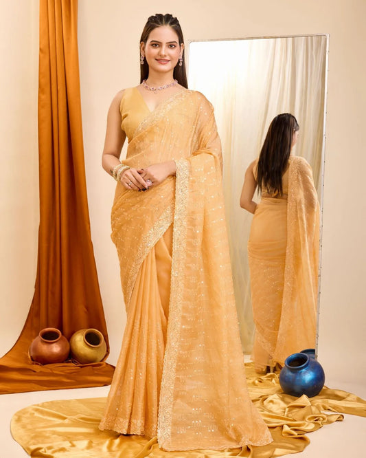 Taby Organza Silk Saree With Sequins Embroidery Work & Piping Border - Mira Fashion