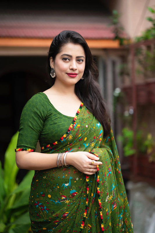 Soft Georgette Saree With Fancy Work and Cartoon Prints - Mira Fashion