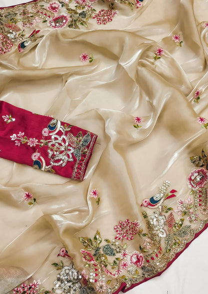 Cream Silk Heavy Thread Embroidery With Sequins Work