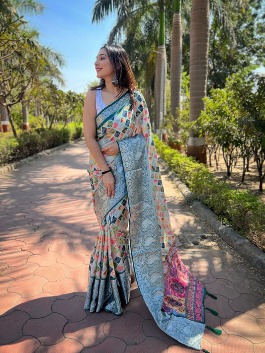 Pure Soft Tusser Dola Silk Saree With Beautiful Triangle Prints And Weaving - Mira Fashion