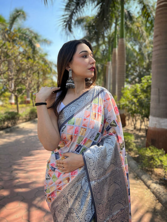 Pure Soft Tusser Dola Silk Saree With Beautiful Triangle Prints And Weaving
