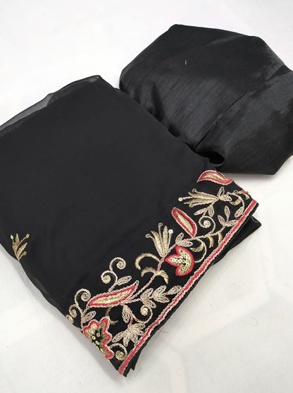 Jaipuri Black Chiffon Hand Embroidered Saree