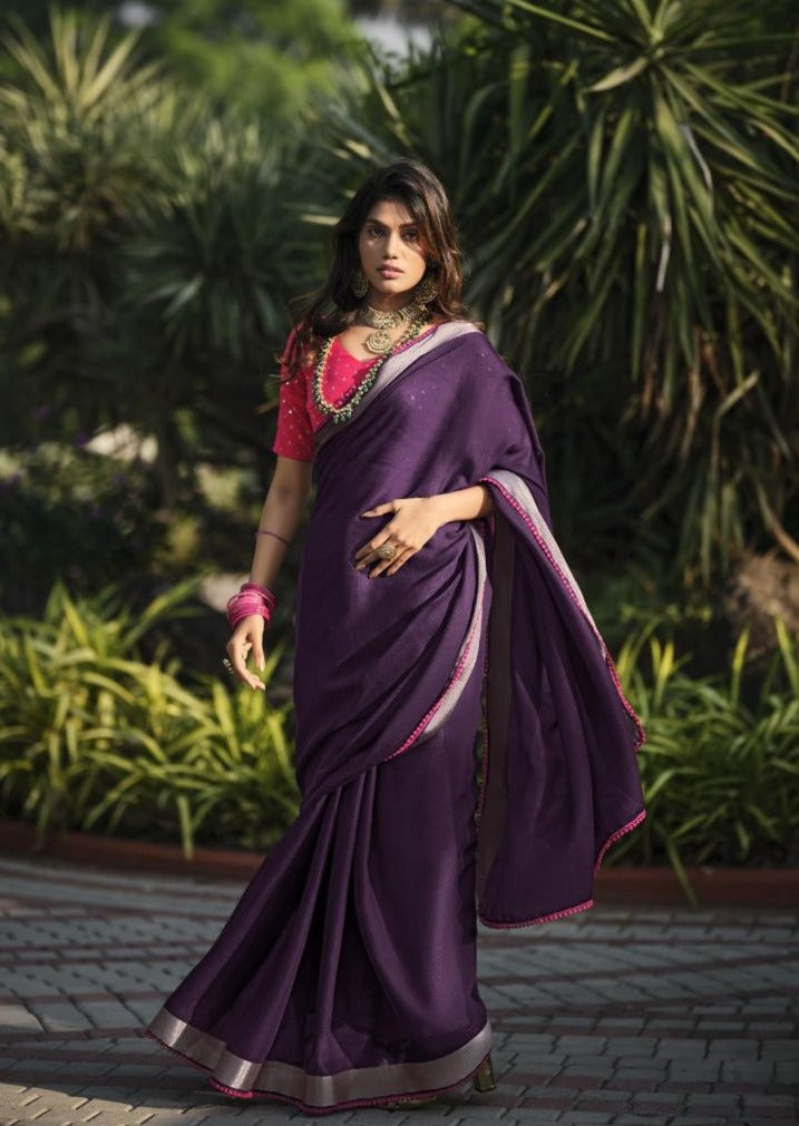 Lilen Silk Saree With Sequence Croatina Lace & Rich Blouse