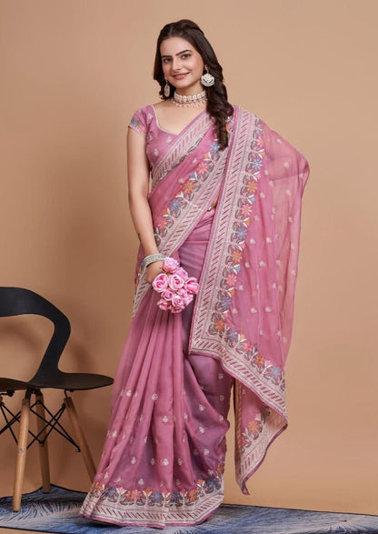 Beautiful  Soft Taby Silk Organza Saree With C-Pallu & All Over Embroidery Work