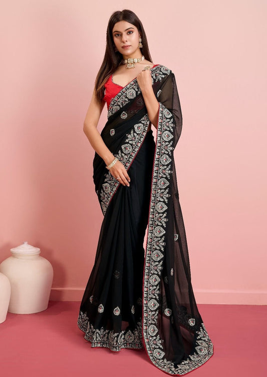 Soft Fox Georgette Saree With Embroidery Work and Cut Work Border