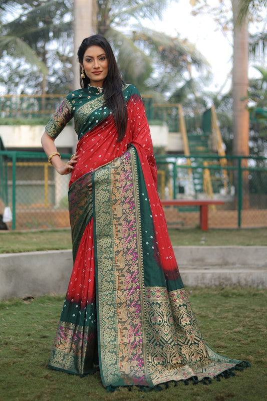 Pure Handmade Bandhej Kanjivaram Silk Saree With Zari Weaving Minakari Rich Pallu