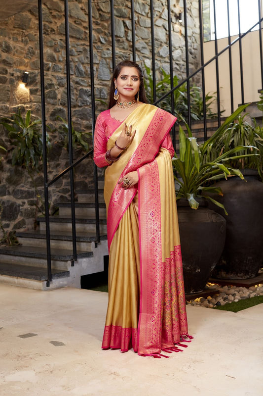 Premium Flowy Tissue silk Saree With all over Weaving in the Body With Contrast Border & Rich Pallu