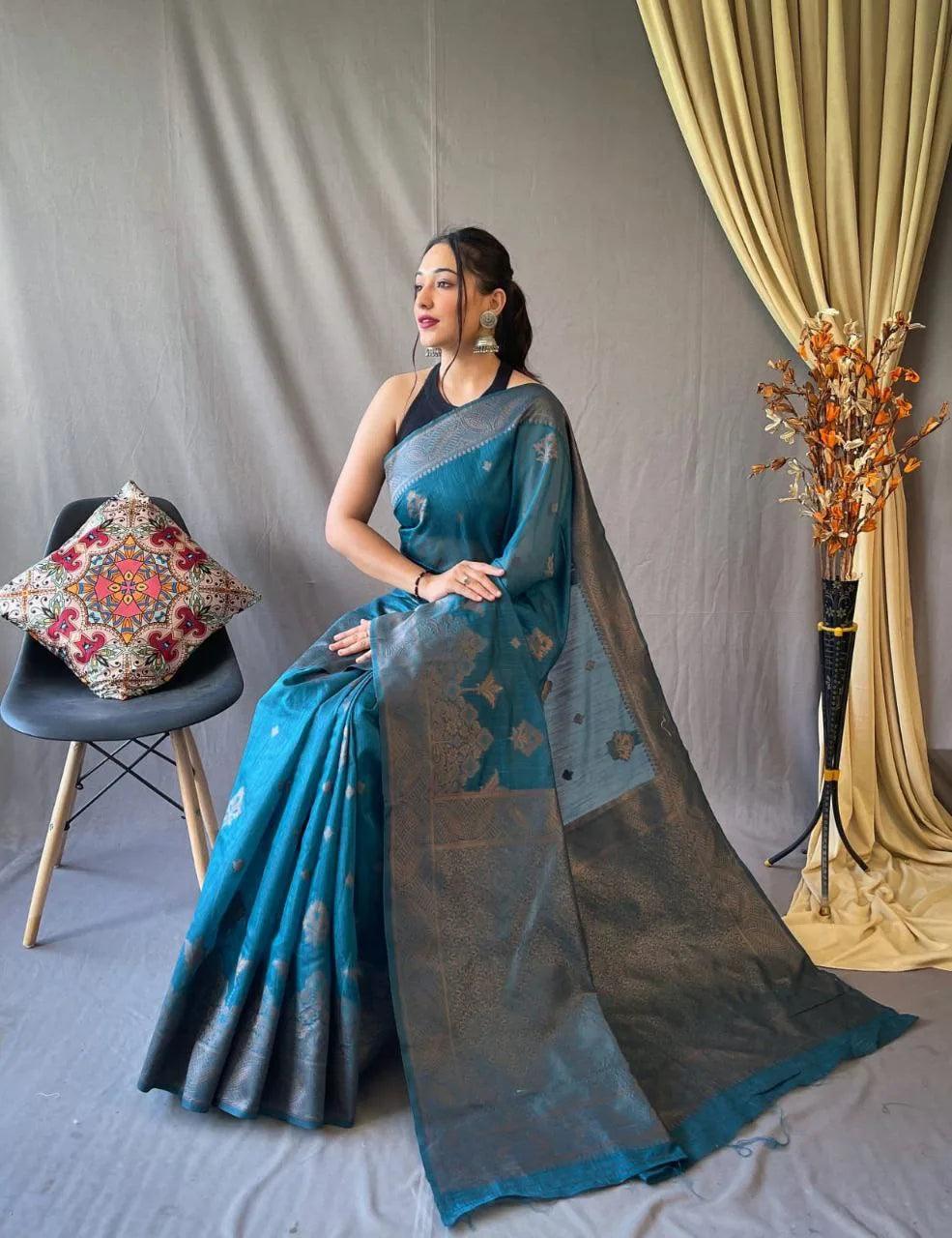 Anaya Linen Tissue Saree With Attractive Zari Motifs - Mira Fashion