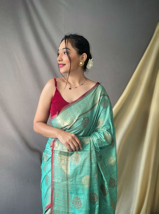 Green Pure Cotton Linen Saree With Copper And Gold Zari - Mira Fashion