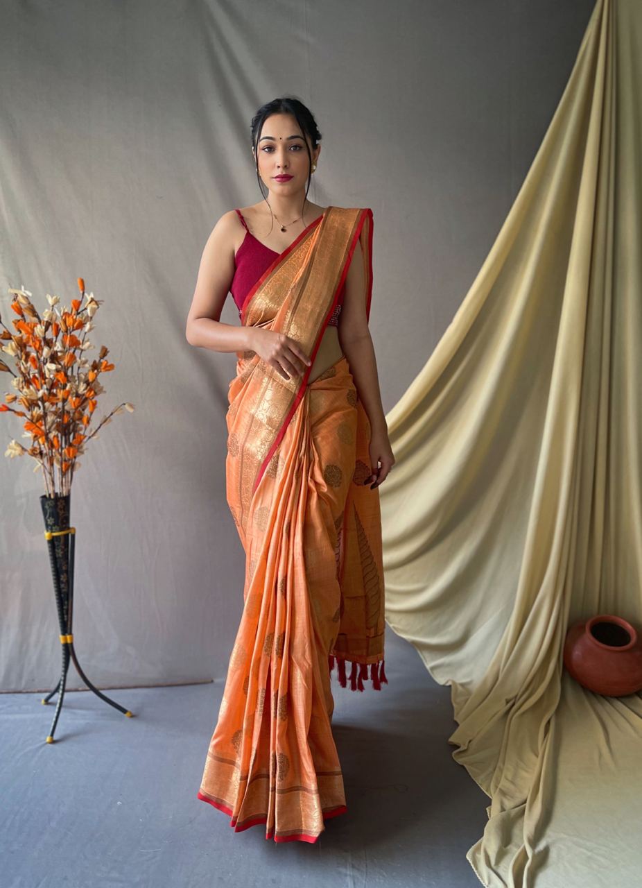 Orange Pure Cotton Linen Saree With Copper And Gold Zari - Mira Fashion