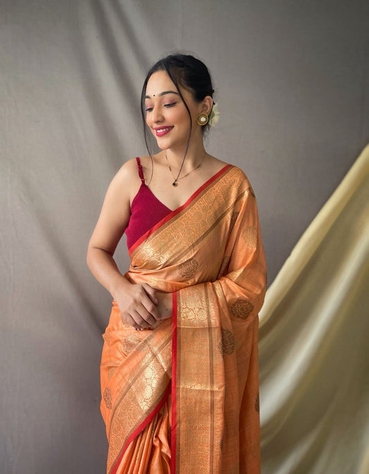 Orange Pure Cotton Linen Saree With Copper And Gold Zari - Mira Fashion